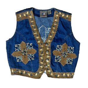 Don't Mess With Texas Vest Size Medium Western Country Short Blue Studded Cross